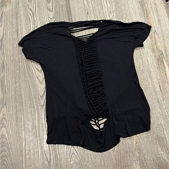 Bluheaven Cut-Up Back T-Shirt Crewneck Short Sleeve Knot Front Black Size Large - Picture 2 of 4